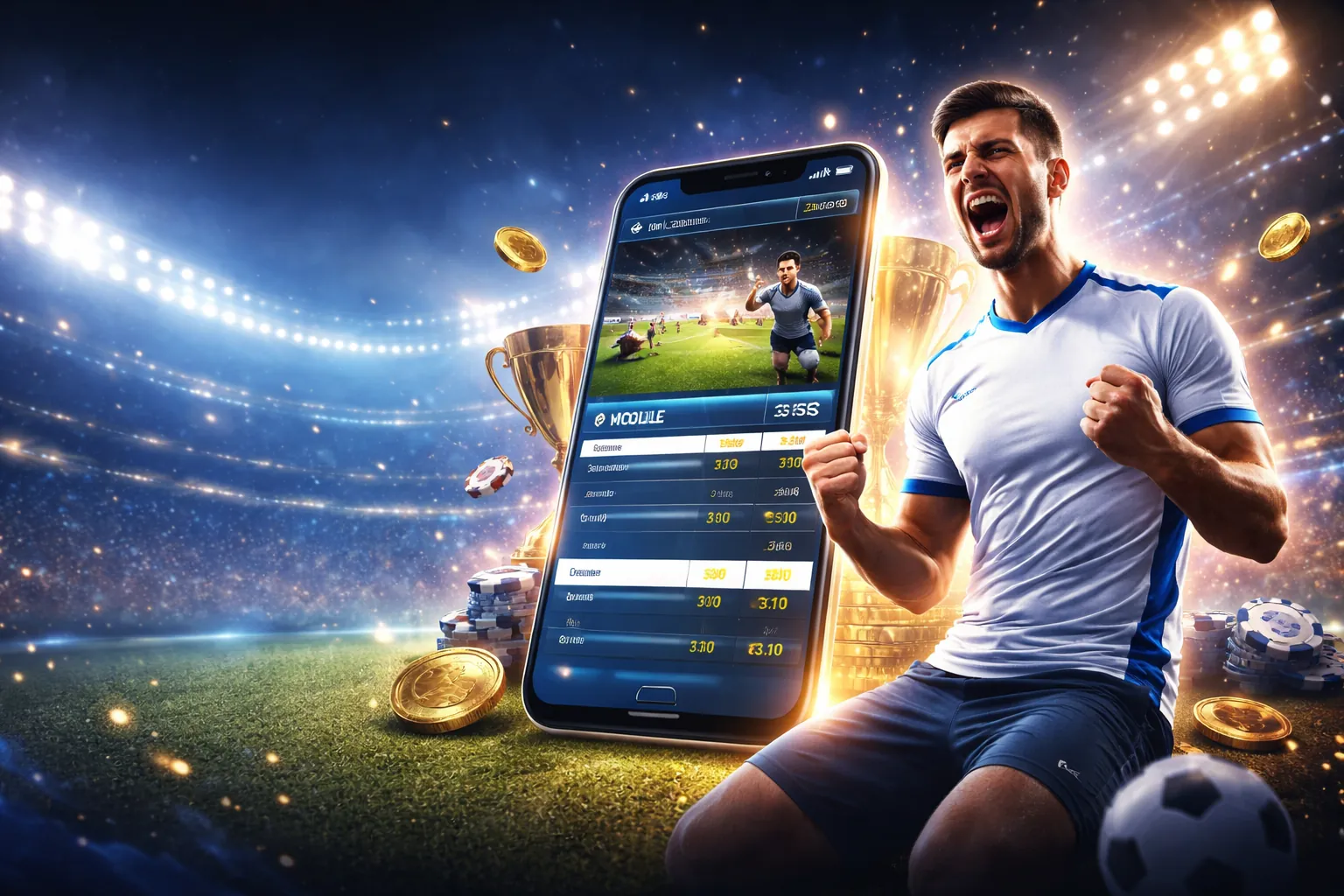 Sân vận động sôi động với người hâm mộ và logo 888slots app